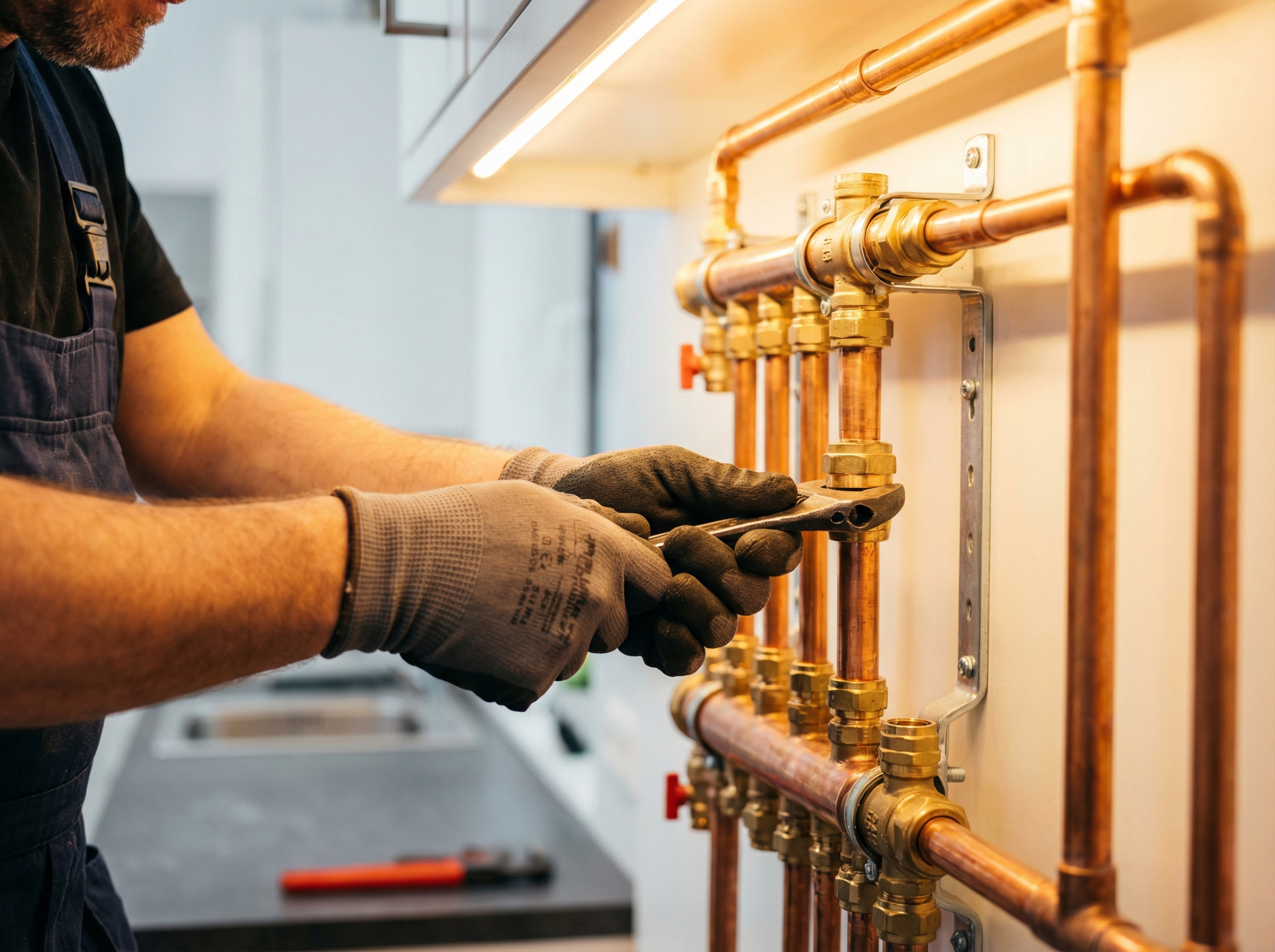Skilled plumber working with copper pipework